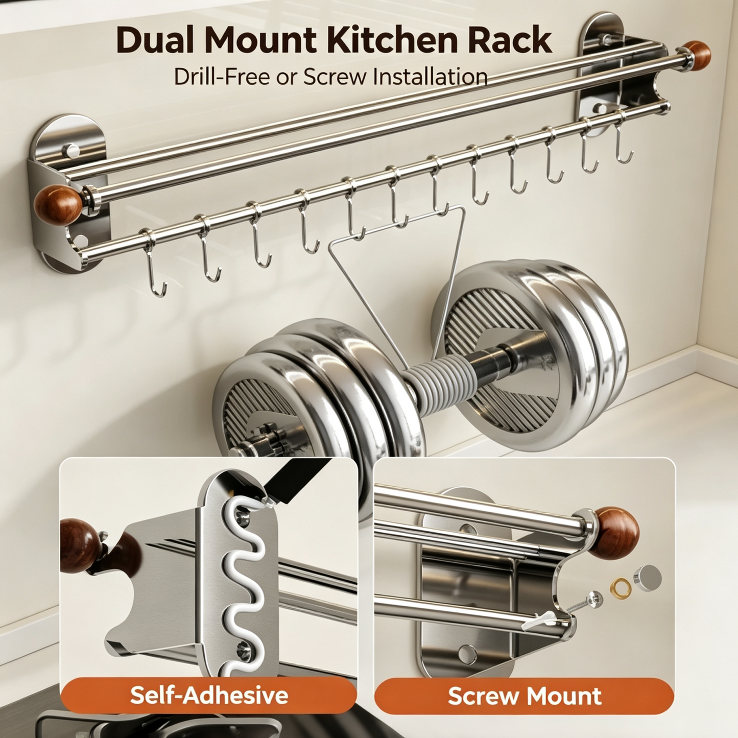 Wall Mounted Kitchen Utensil Hanging Rack, Double Rod Stainless Steel Organizer with Movable Sliding Hooks