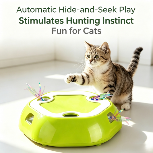 Electric Interactive Cat Toy, Automatic Random Retracting Ribbon Cat Puzzle Toy, 6‑Hole Enrichment Play Tray for Indoor Cats