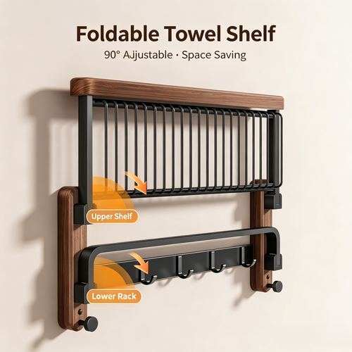 Folding Wall-Mounted Towel Rack with Walnut Wood Accent, 2-Tier Bathroom Storage Shelf with Double Bars &amp; Hooks