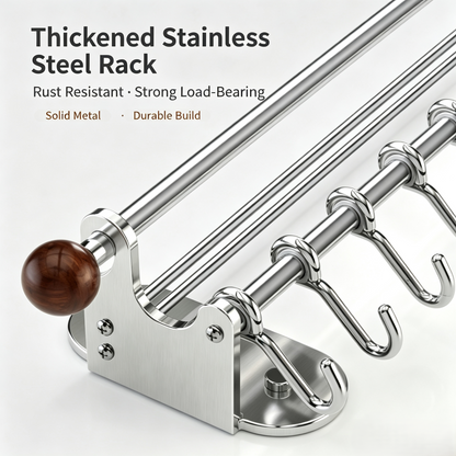 Wall Mounted Kitchen Utensil Hanging Rack, Double Rod Stainless Steel Organizer with Movable Sliding Hooks