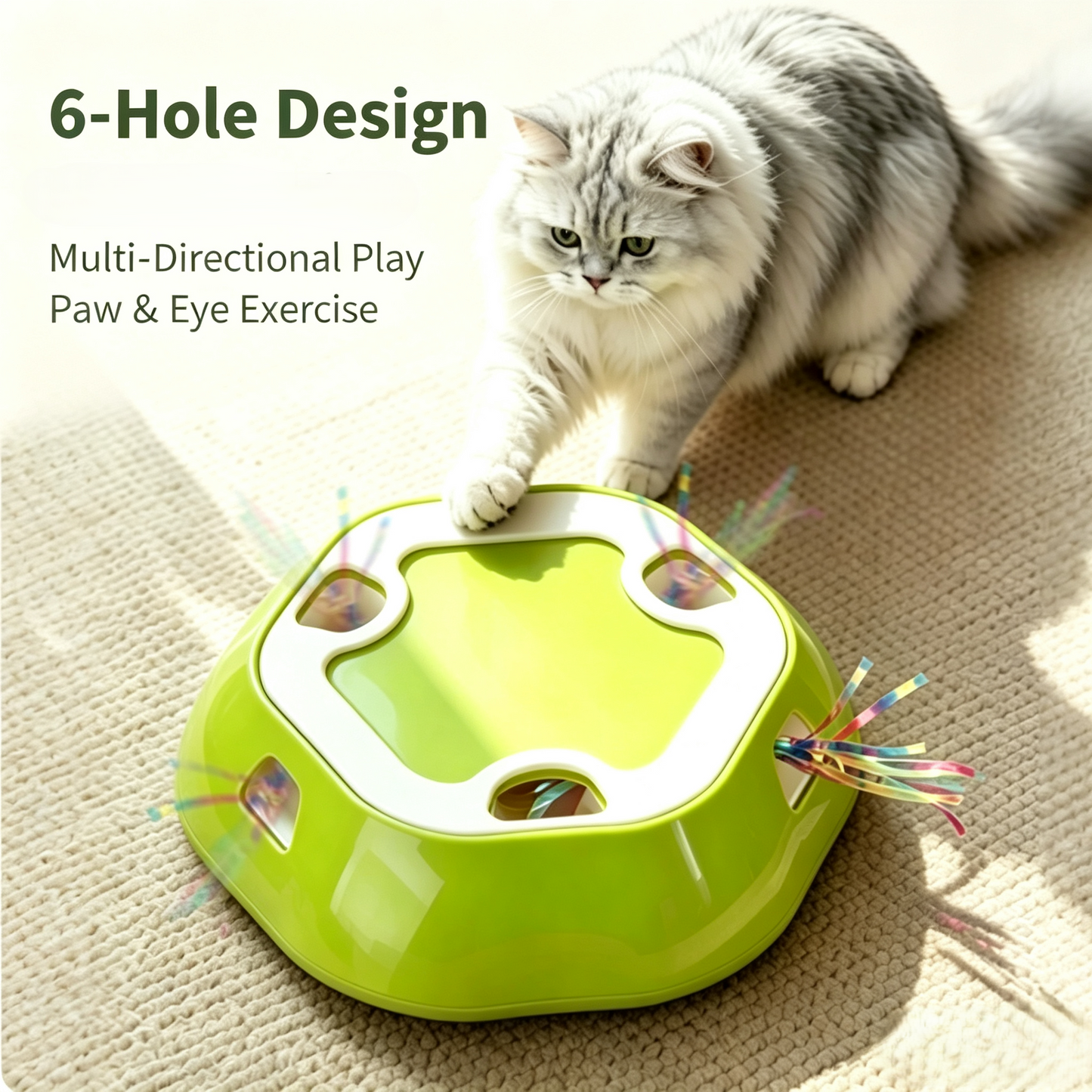 Electric Interactive Cat Toy, Automatic Random Retracting Ribbon Cat Puzzle Toy, 6‑Hole Enrichment Play Tray for Indoor Cats