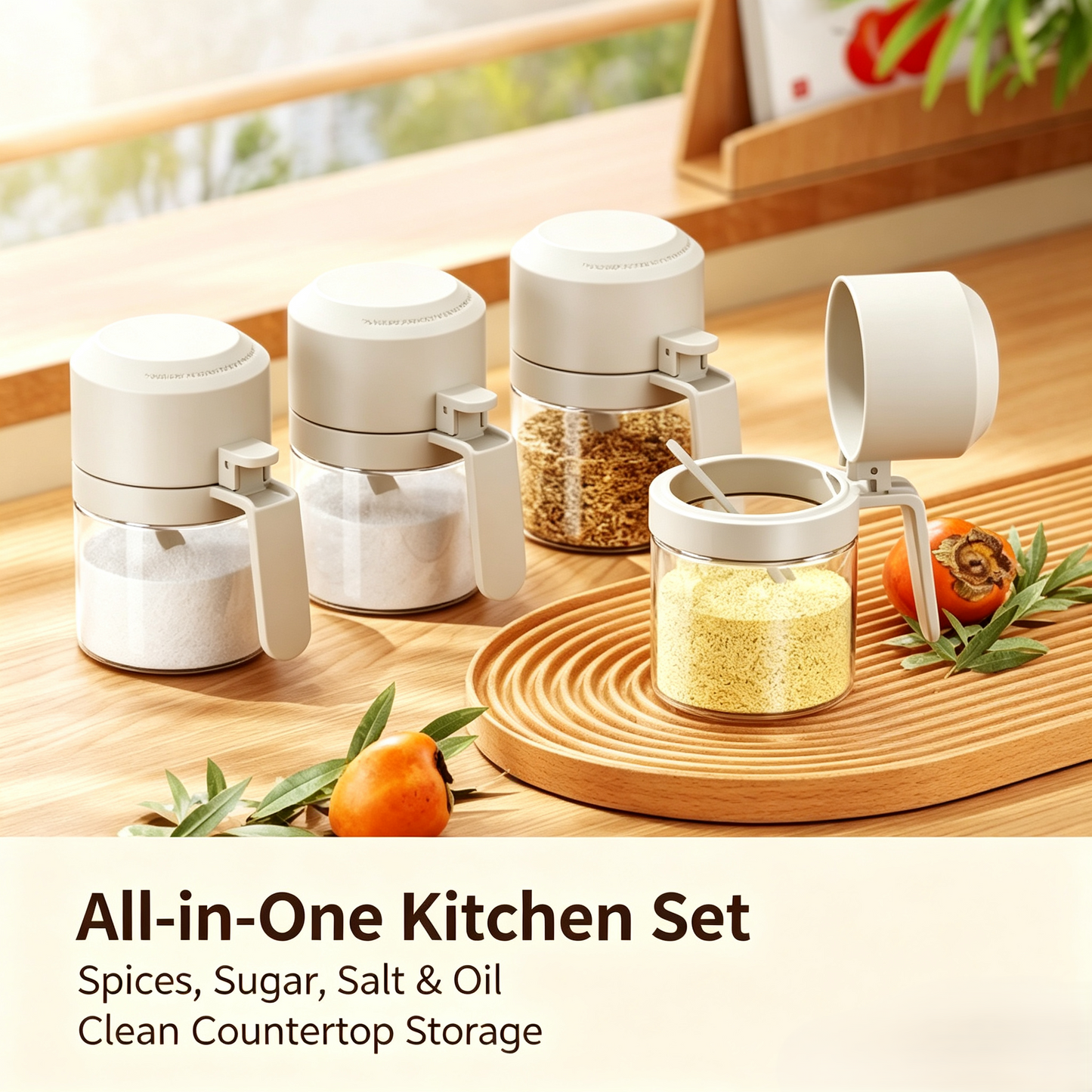 Glass Spice Jars with Built‑in Measuring Spoon, Airtight Condiment Storage Containers for Kitchen Seasoning