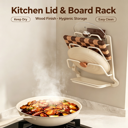 3-Tier Wall Mounted Pot Lid Holder, Drill-Free Kitchen Pan Lid Organizer Rack with Drip Tray