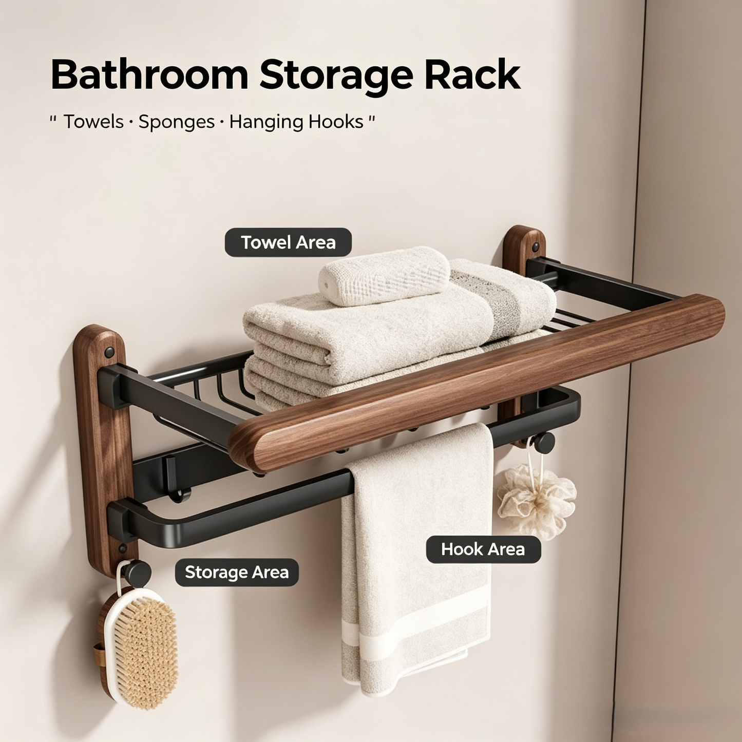 Folding Wall-Mounted Towel Rack with Walnut Wood Accent, 2-Tier Bathroom Storage Shelf with Double Bars &amp; Hooks