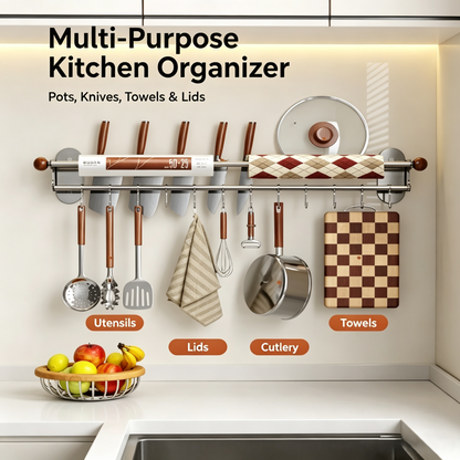 Wall Mounted Kitchen Utensil Hanging Rack, Double Rod Stainless Steel Organizer with Movable Sliding Hooks