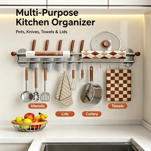 Wall Mounted Kitchen Utensil Hanging Rack, Double Rod Stainless Steel Organizer with Movable Sliding Hooks