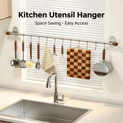 Wall Mounted Kitchen Utensil Hanging Rack, Double Rod Stainless Steel Organizer with Movable Sliding Hooks