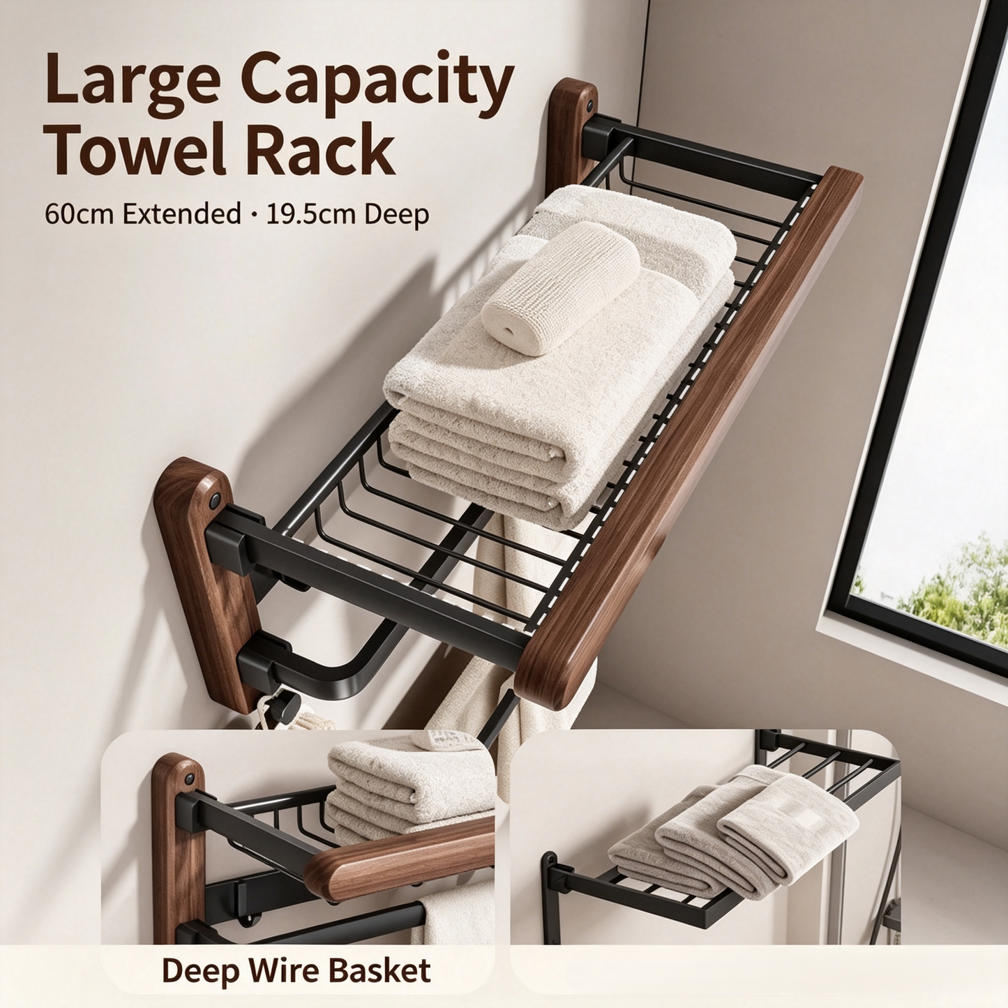 Folding Wall-Mounted Towel Rack with Walnut Wood Accent, 2-Tier Bathroom Storage Shelf with Double Bars &amp; Hooks