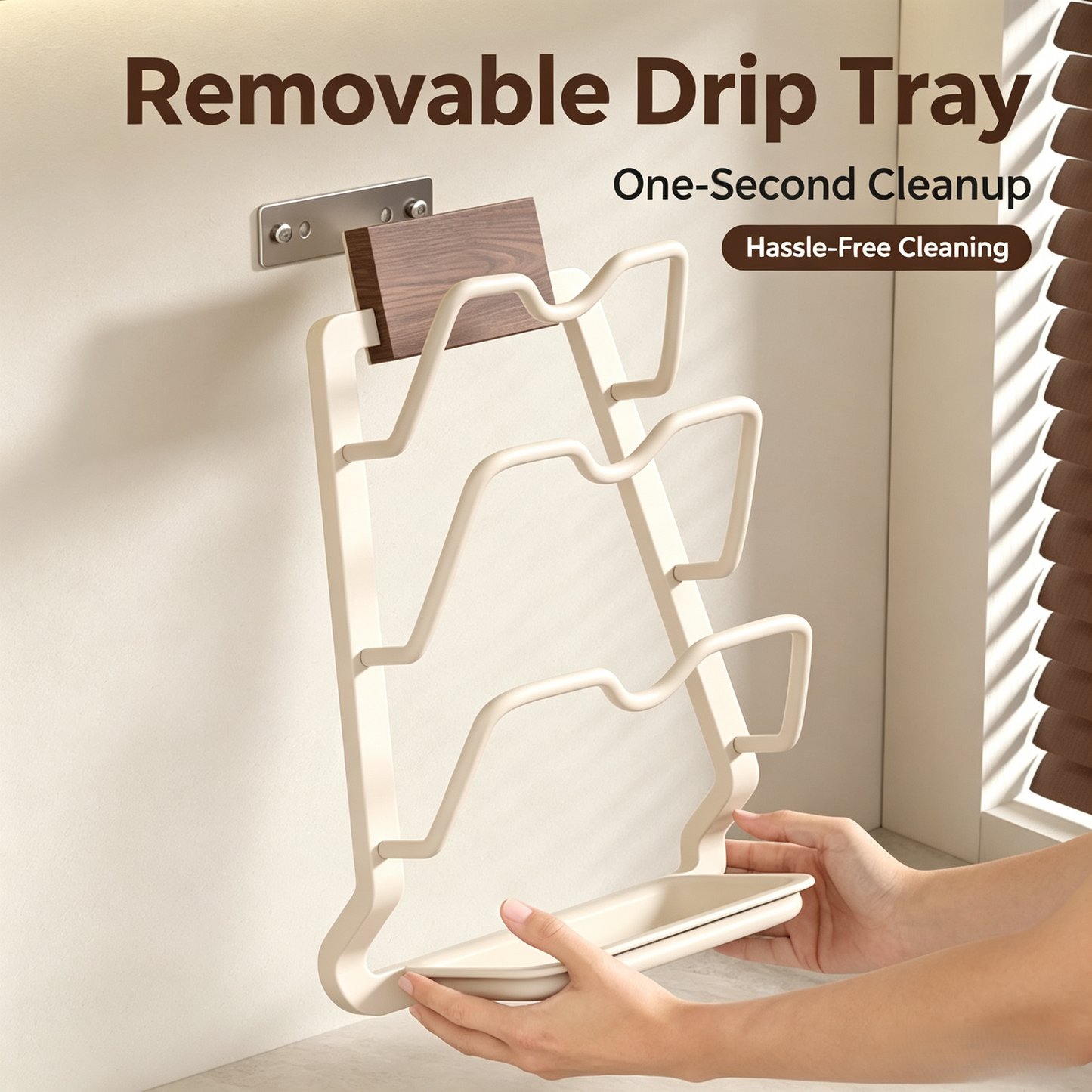 3-Tier Wall Mounted Pot Lid Holder, Drill-Free Kitchen Pan Lid Organizer Rack with Drip Tray