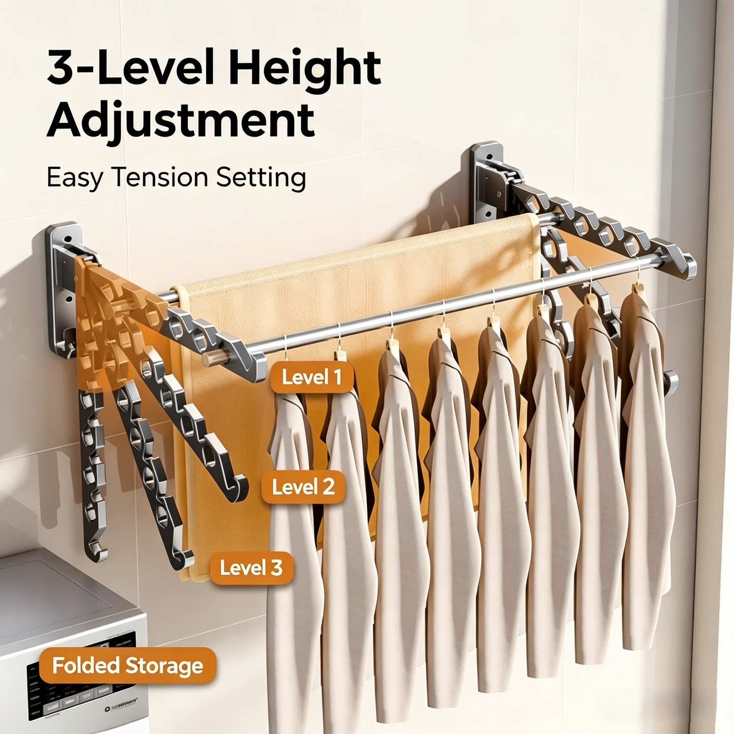 Wall Mounted Folding Clothes Drying Rack, 180° Adjustable Aluminum Laundry Hanger with Windproof Slots