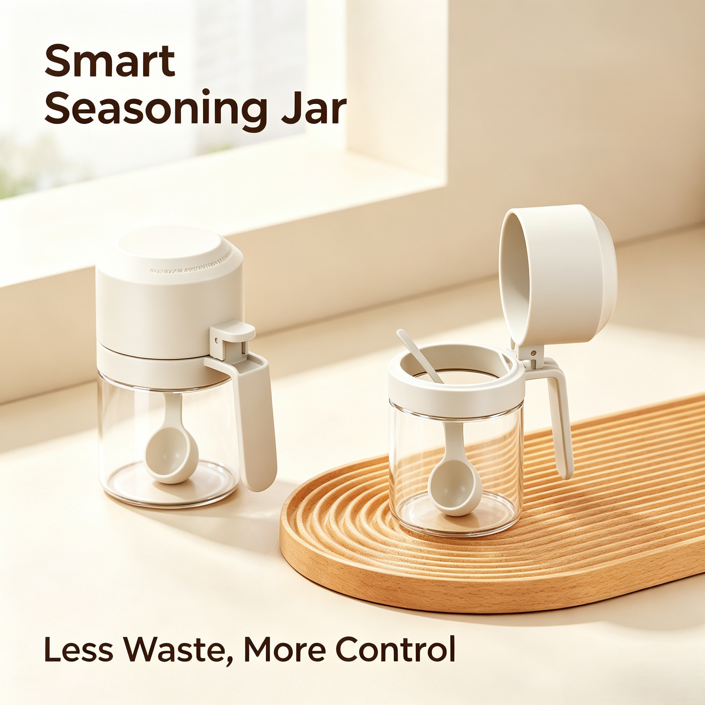 Glass Spice Jars with Built‑in Measuring Spoon, Airtight Condiment Storage Containers for Kitchen Seasoning