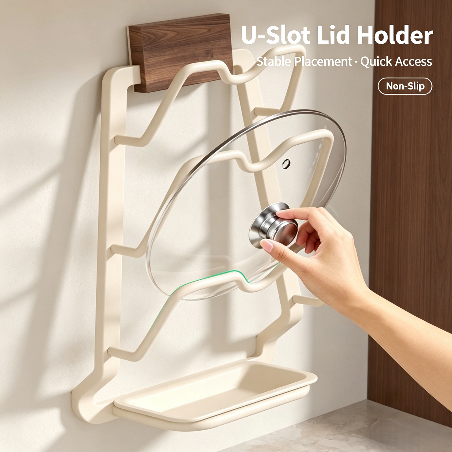3-Tier Wall Mounted Pot Lid Holder, Drill-Free Kitchen Pan Lid Organizer Rack with Drip Tray
