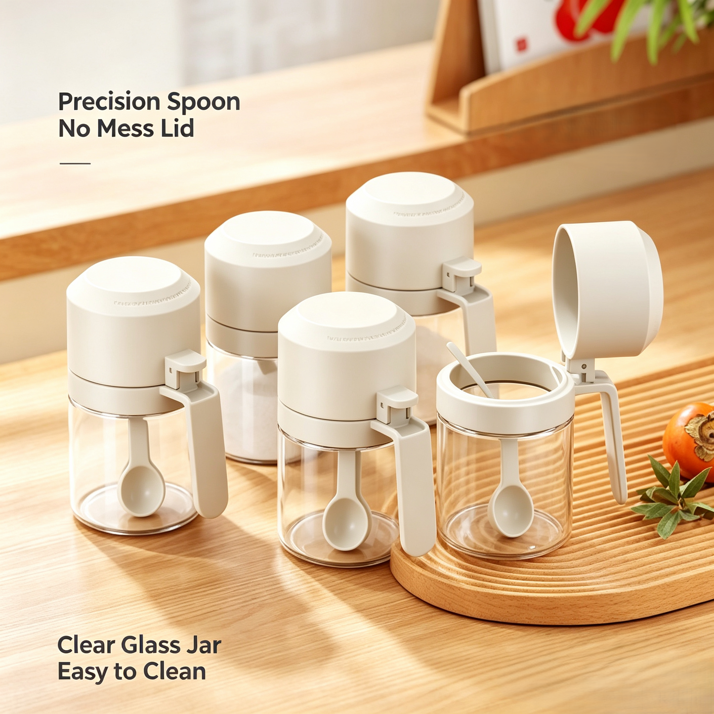 Glass Spice Jars with Built‑in Measuring Spoon, Airtight Condiment Storage Containers for Kitchen Seasoning