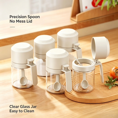 Glass Spice Jars with Built‑in Measuring Spoon, Airtight Condiment Storage Containers for Kitchen Seasoning