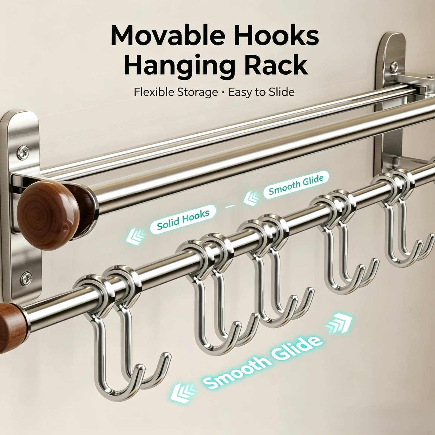 Wall Mounted Kitchen Utensil Hanging Rack, Double Rod Stainless Steel Organizer with Movable Sliding Hooks