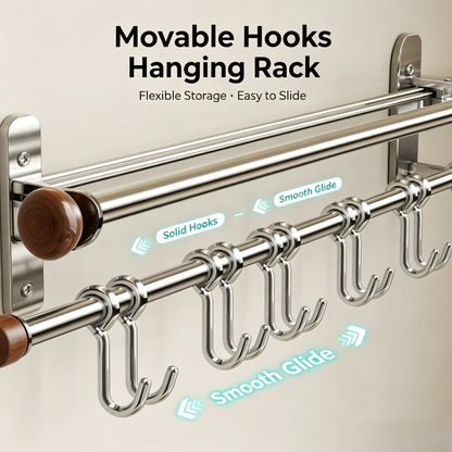 Wall Mounted Kitchen Utensil Hanging Rack, Double Rod Stainless Steel Organizer with Movable Sliding Hooks