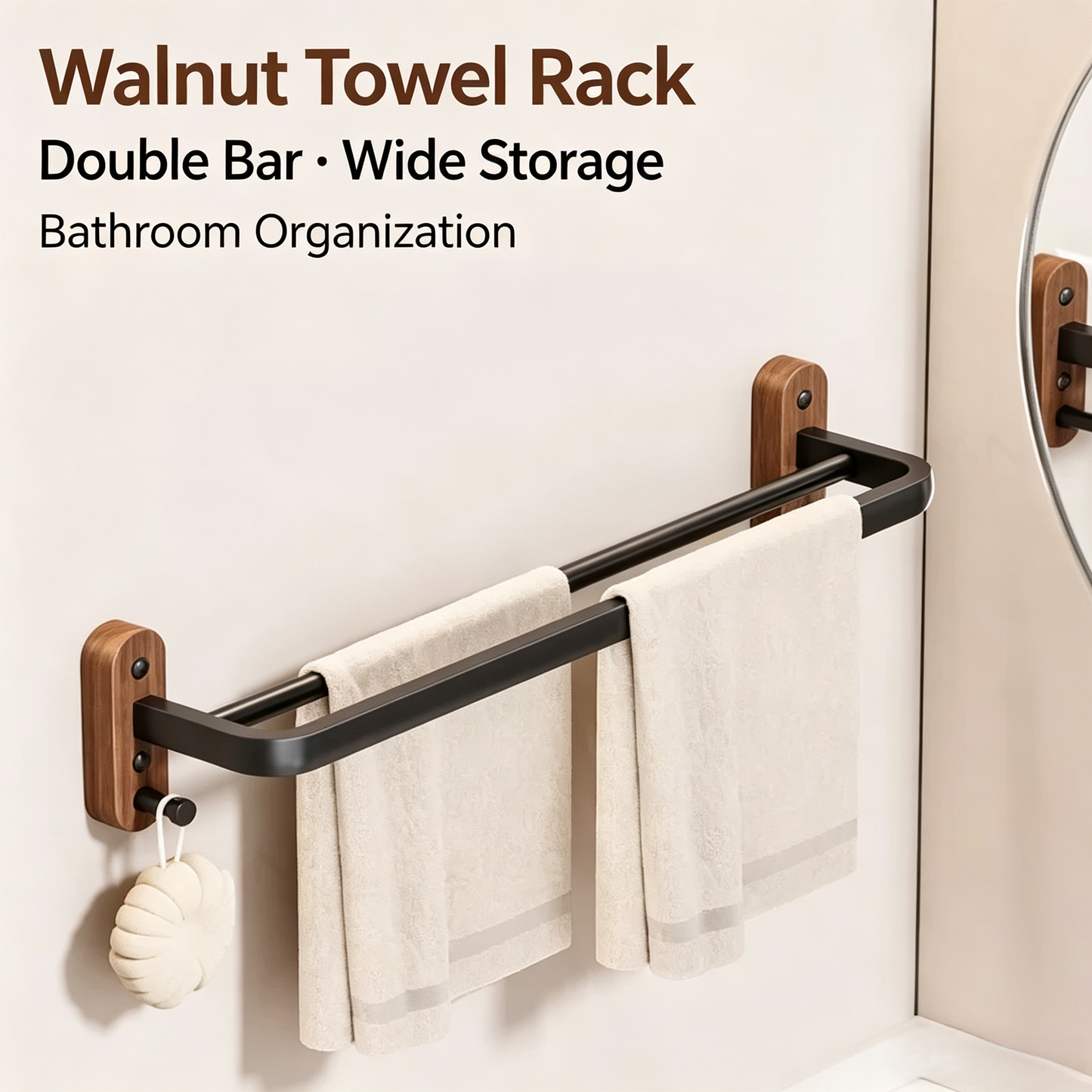 Folding Wall-Mounted Towel Rack with Walnut Wood Accent, 2-Tier Bathroom Storage Shelf with Double Bars &amp; Hooks