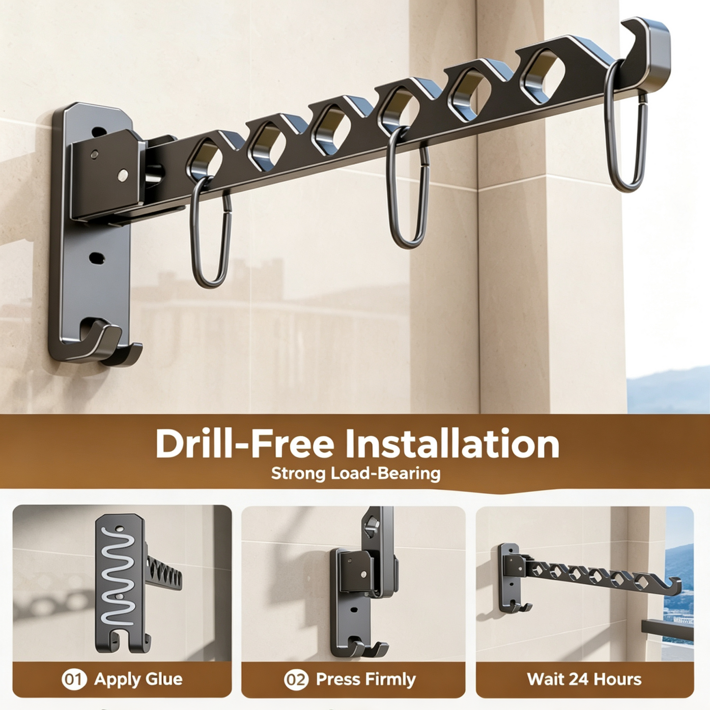 Wall Mounted Folding Clothes Drying Rack, 180° Adjustable Aluminum Laundry Hanger with Windproof Slots