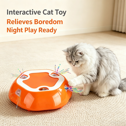 Electric Interactive Cat Toy, Automatic Random Retracting Ribbon Cat Puzzle Toy, 6‑Hole Enrichment Play Tray for Indoor Cats