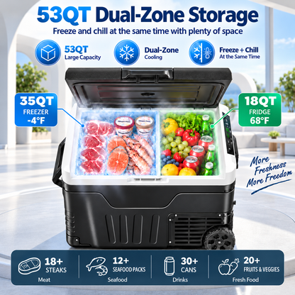53QT 12V Portable Car Refrigerator – Dual Zone Fridge & Freezer