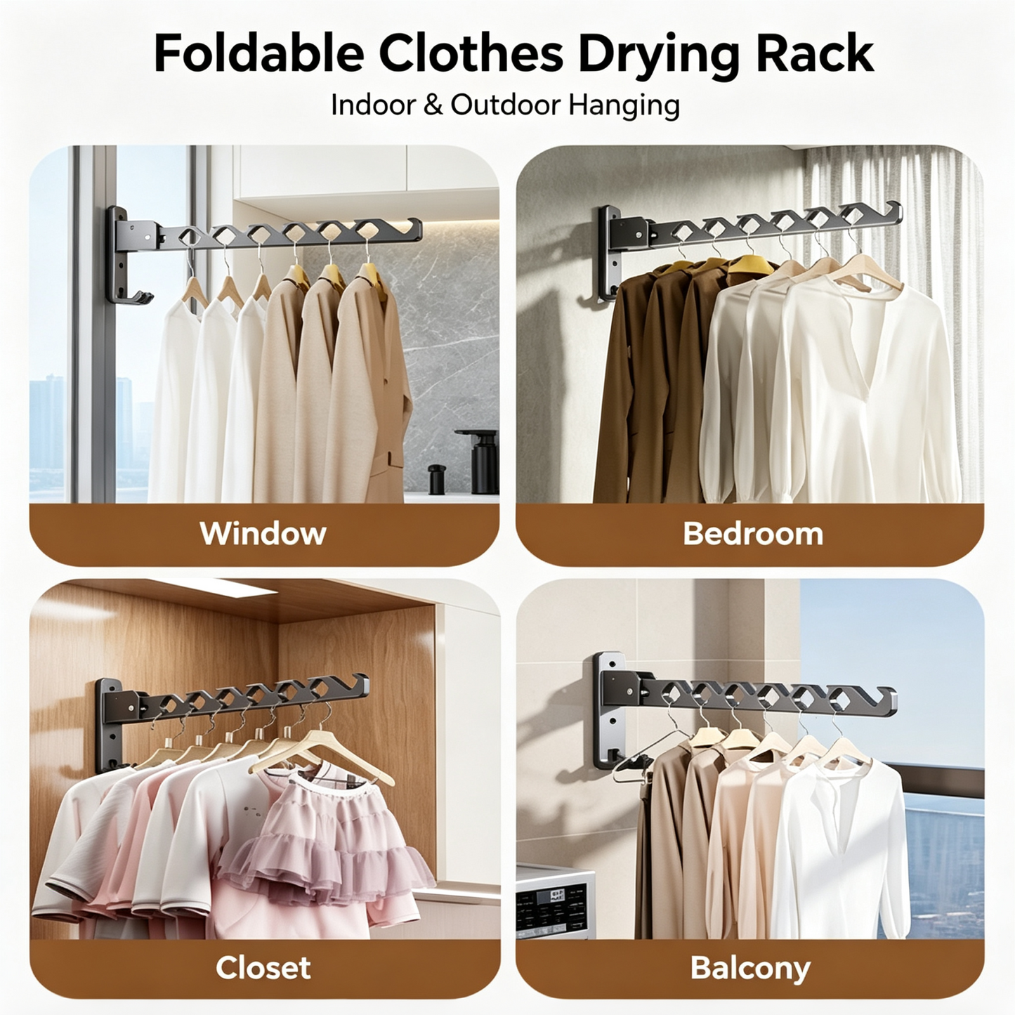 Wall Mounted Folding Clothes Drying Rack, 180° Adjustable Aluminum Laundry Hanger with Windproof Slots