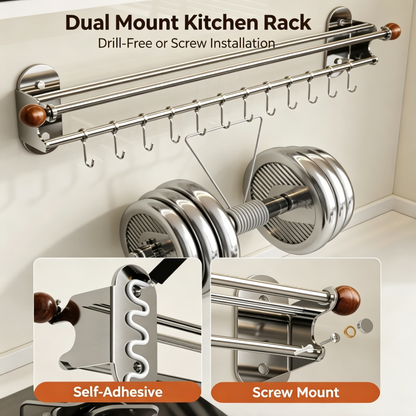Wall Mounted Kitchen Utensil Hanging Rack, Double Rod Stainless Steel Organizer with Movable Sliding Hooks