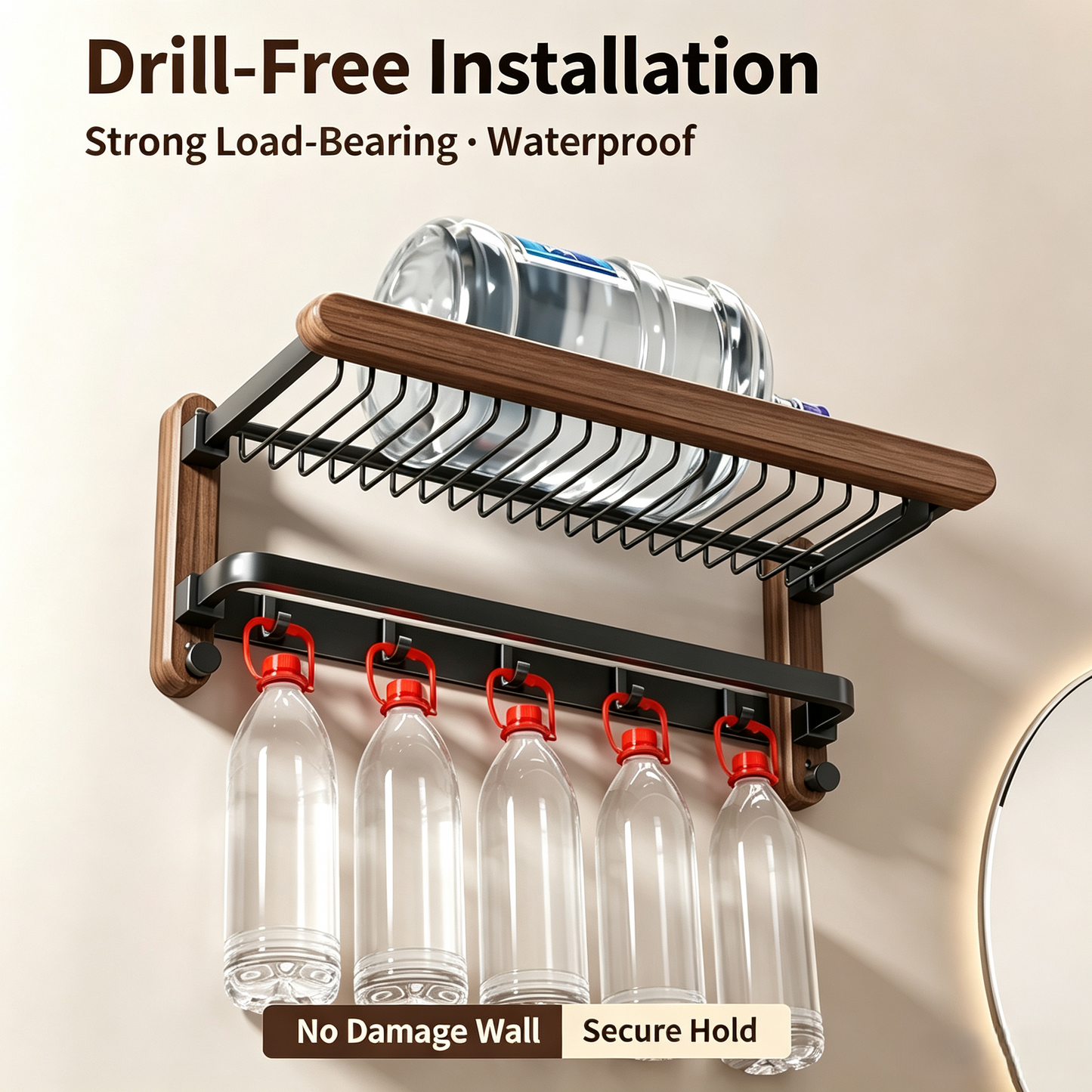 Folding Wall-Mounted Towel Rack with Walnut Wood Accent, 2-Tier Bathroom Storage Shelf with Double Bars &amp; Hooks