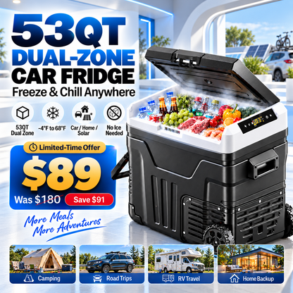 53QT 12V Portable Car Refrigerator – Dual Zone Fridge & Freezer